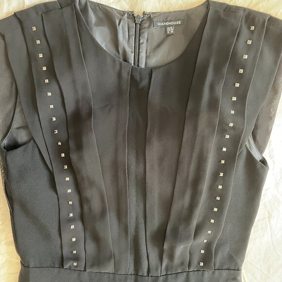 WAREHOUSE Black Studded Pleated Dress - Size UK 10 (US 4-6) - Picture 2 of 2